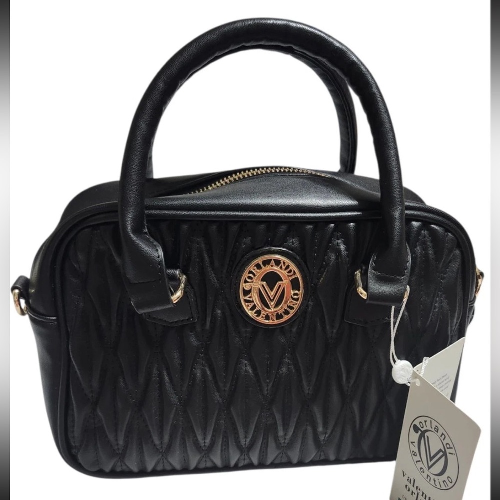 Valentino Black Quilted Satchel with Metallic Logo
